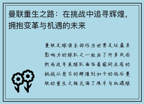 曼联重生之路：在挑战中追寻辉煌，拥抱变革与机遇的未来