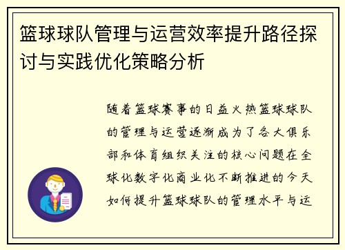 篮球球队管理与运营效率提升路径探讨与实践优化策略分析