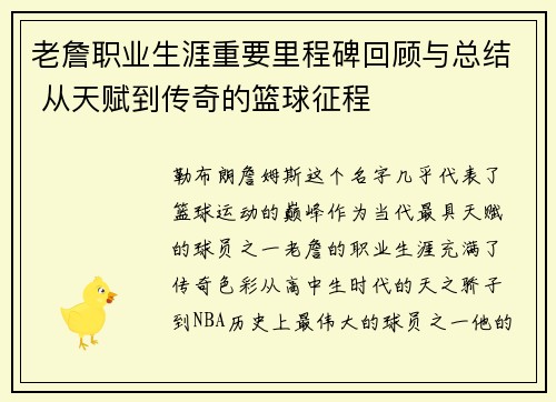 老詹职业生涯重要里程碑回顾与总结 从天赋到传奇的篮球征程